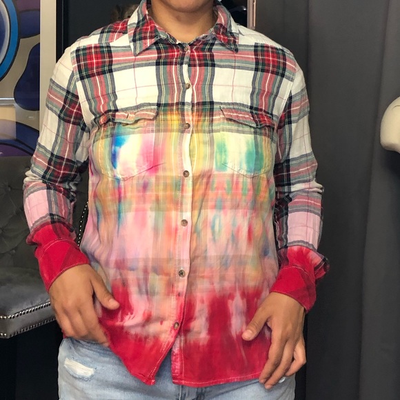 ❤️ L.O.G.G. By H&M dip-dyed tie-dyed plaid shirt 42 / 12 one of one - Picture 11 of 15